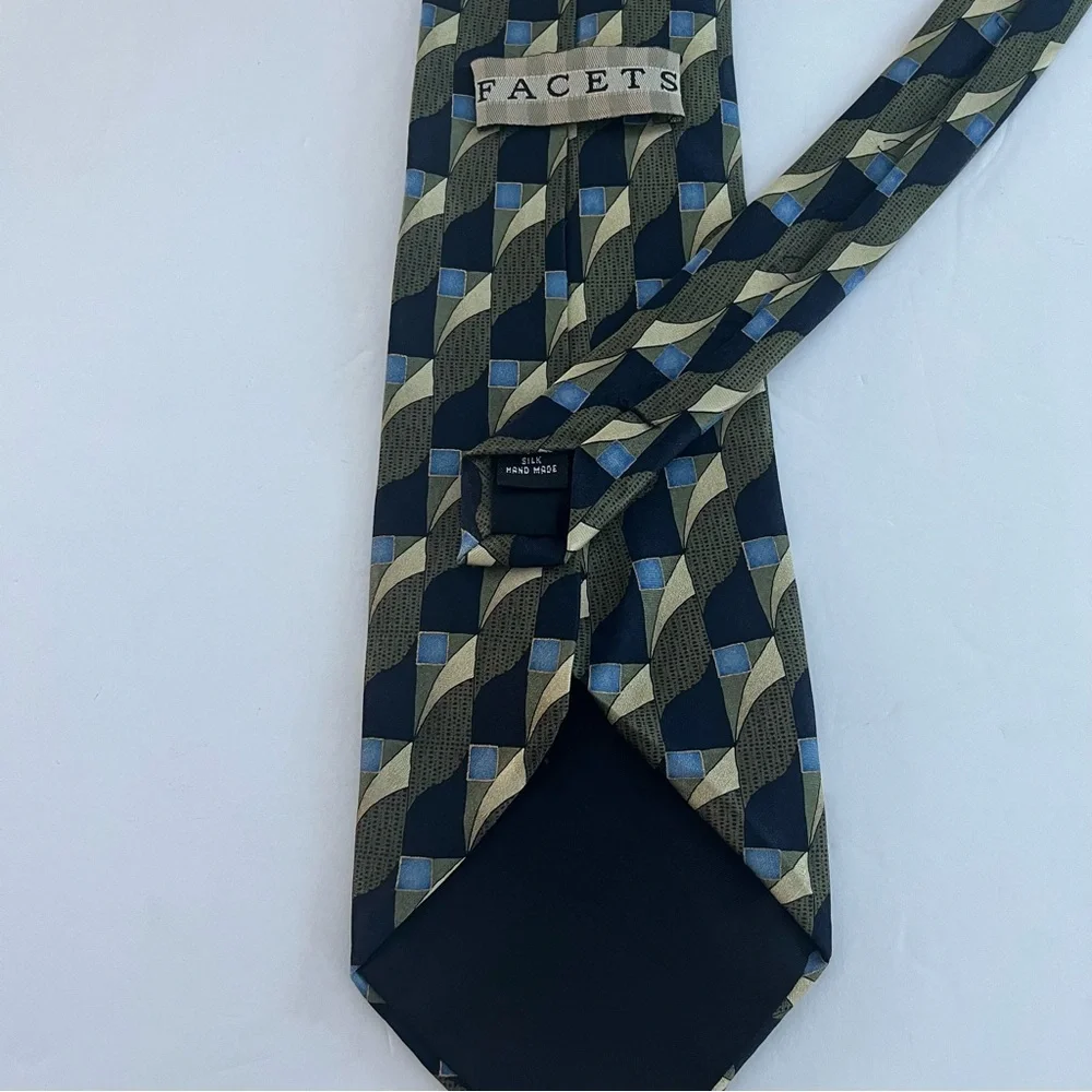 Facets Abstract Green And Blue Print 100% Silk Tie